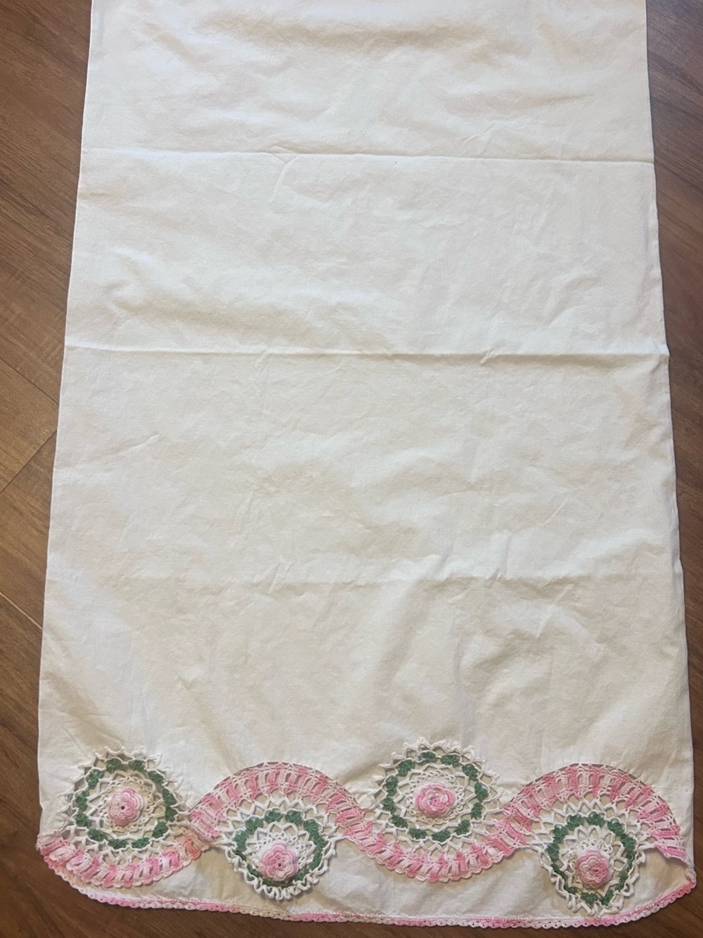 Vintage White Pillowcases with Pink and Green Crochet Trim - Picture 5 of 7